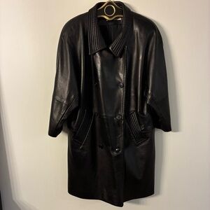 Fairbrooke Elegant Black Leather Coat, trench coat , soft leather, size 12